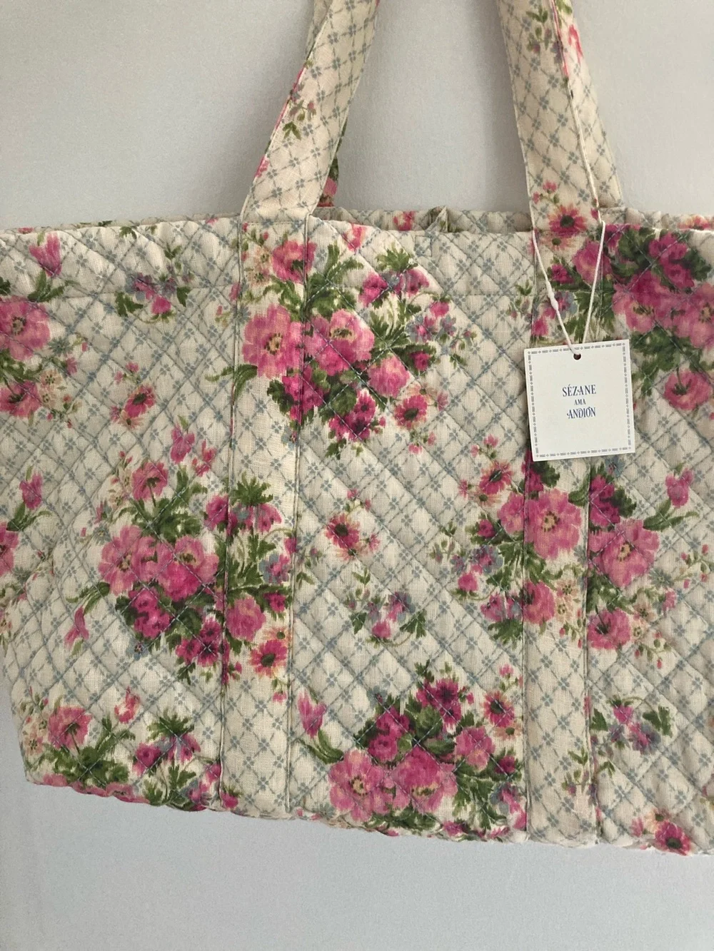 Sezane Quilted Cream Tote with Pink Floral Print